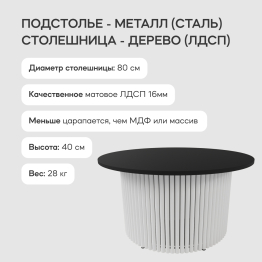 Стол круглый журнальный с белым металлическим подстольем TRUBIS Wood M 80 