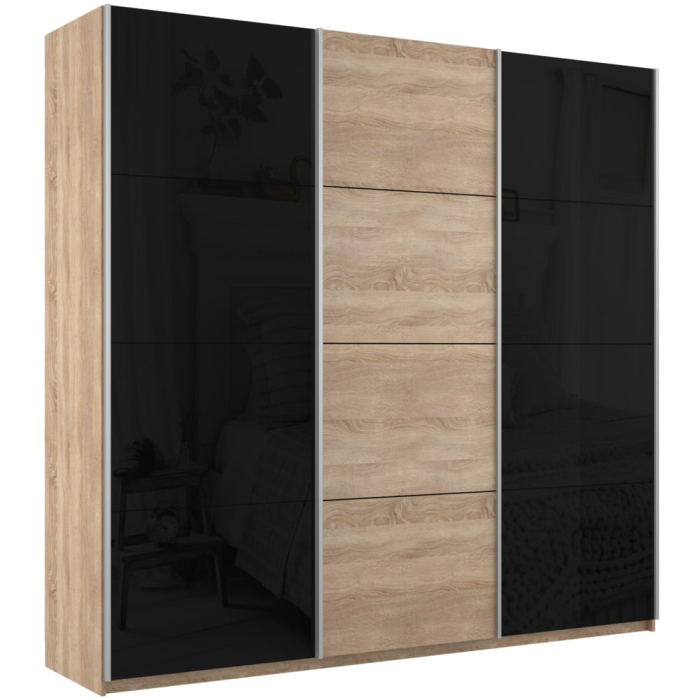 Шкафы-купе 3-х дверные, Шкаф-купе Прайм 3-х дверный Стекла черные/ДСП/Доводчики 210х57х230