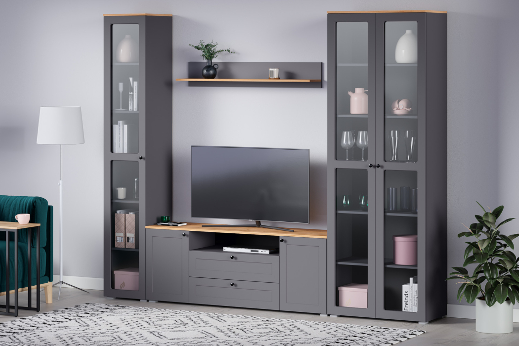 Витрины, Шкаф-витрина Остин 16.394.02, серый графит, дуб золотой крафт