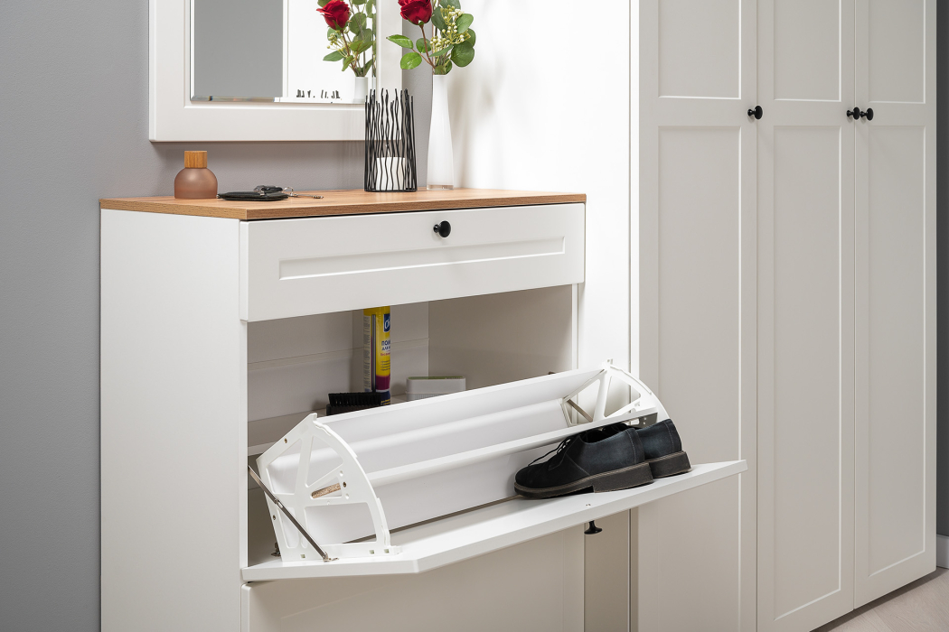 Тумбы, Тумба для обуви Остин 16.121, белая шагрень, дуб золотой крафт