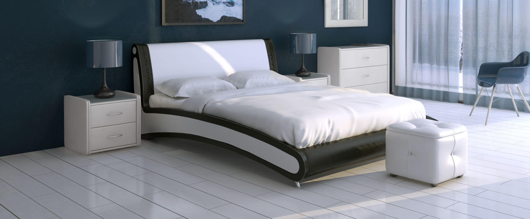 Двуспальные, Кровать с мягким изголовьем Помпиду, база, экокожа, 160*200