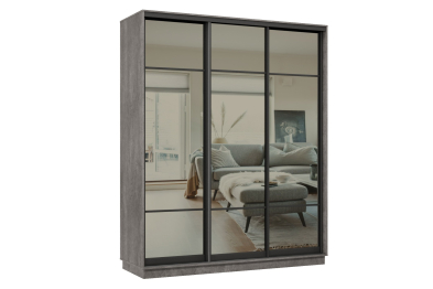 Шкаф-купе Премьер 21 (11ЗГ;11ЗГ;11ЗГ) фасады зеркало графит/трёхдверный/Профиль чёрный муар