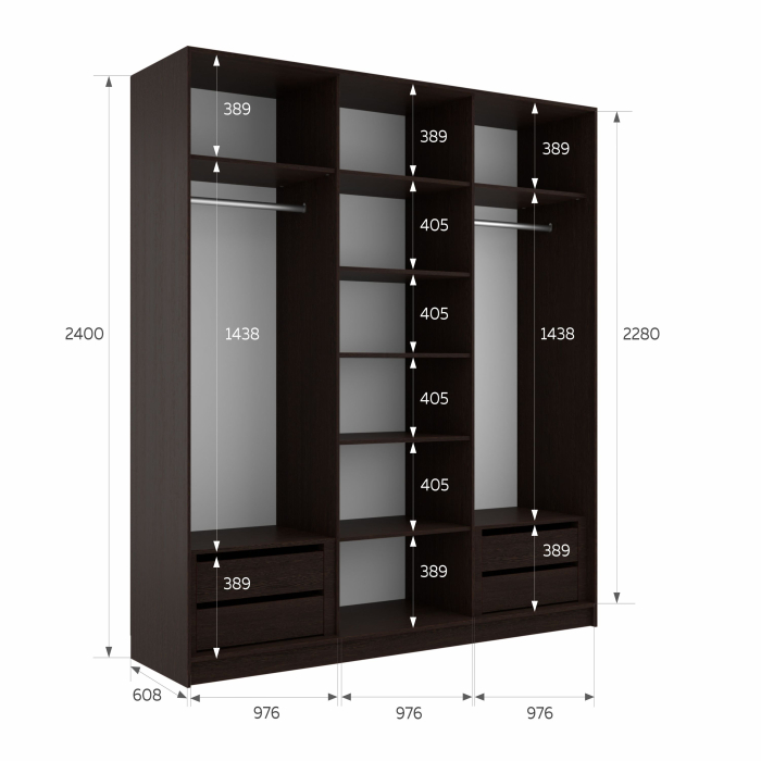 Шкафы-купе 3-х дверные, Шкаф-купе Эста 3-х дверный Стекла пудра/Доводчик 300х66х240