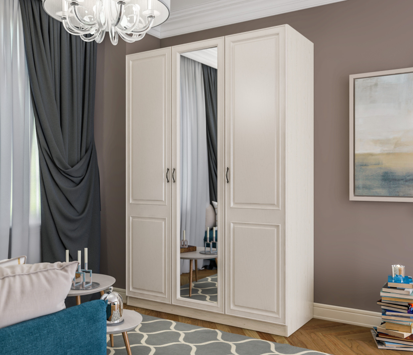 В спальню, Шкаф 3х дверный с зеркалом Гранд / Ливерпуль СБ-3512 Дуб Приморский Белый/МДФ Классика Светлый