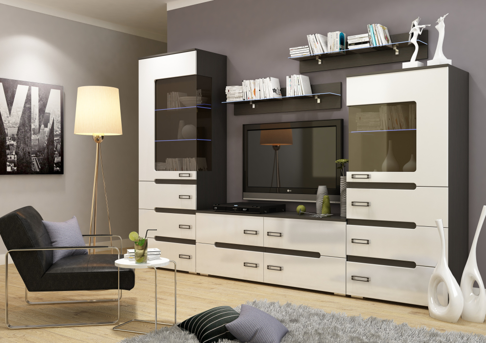 Стенки для гостиной, Гостиная МДФ ВИГО (венге/белый гл.) без шкафа