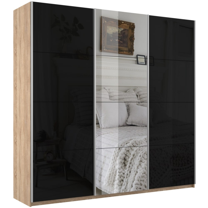 Шкафы-купе 3-х дверные, Шкаф-купе Прайм 3-х дверный Стекла черные/Зеркало/Доводчики 210х57х230