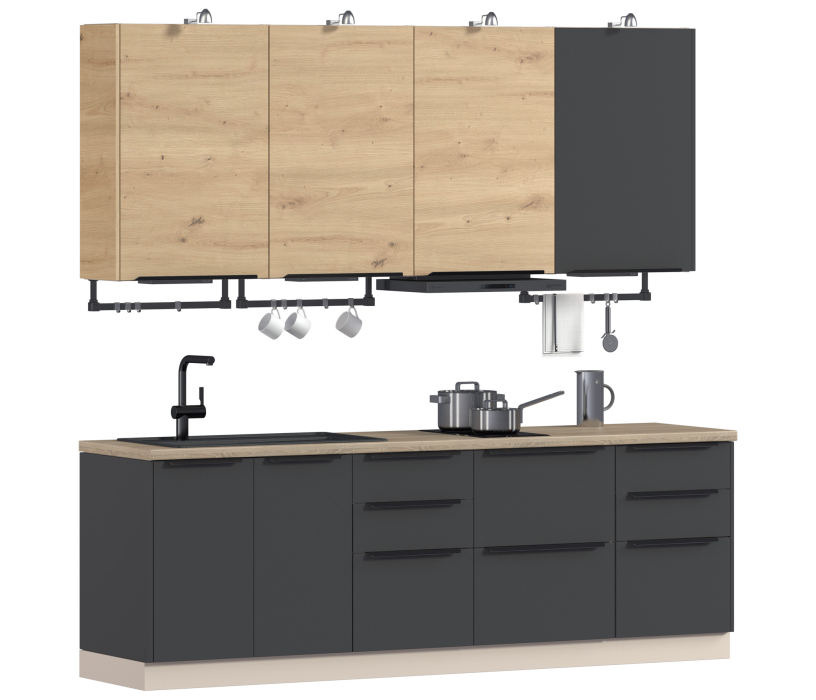 Кухня 2 метра, Кухонный гарнитур ЛОФТ Регина Песочный/Диамант серый, Дуб дикий 2,4 м