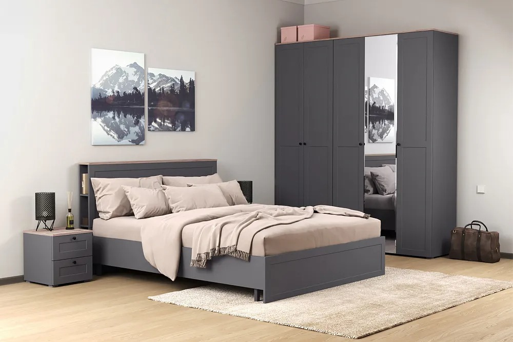 Кровати 160 см, Кровать Остин 11.53, серый графит, дуб золотой крафт