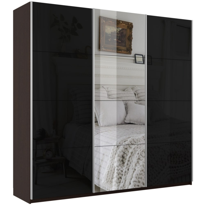 Шкафы-купе 3-х дверные, Шкаф-купе Прайм 3-х дверный Стекла черные/Зеркало/Доводчики 210х57х230