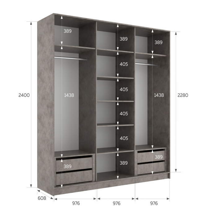 Шкафы-купе 3-х дверные, Шкаф-купе Эста 3-х дверный ДСП/Стекла пудра/Доводчик 300х66х240