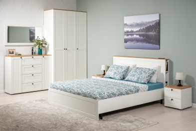 Кровать Остин 11.53, белая шагрень, дуб золотой крафт