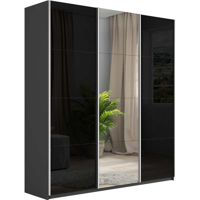 Шкафы-купе 3-х дверные, Шкаф-купе Прайм 3-х дверный Стекла черные/Зеркало/Доводчики 210х57х230