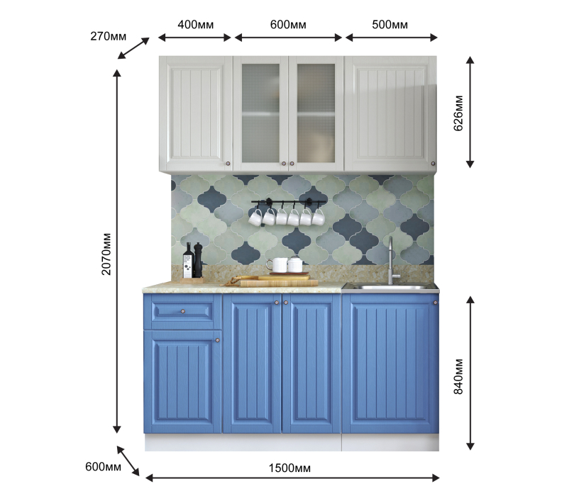 Кухонные гарнитуры, Кухня Хозяюшка 1,5 м Акация белая/Деним МДФ