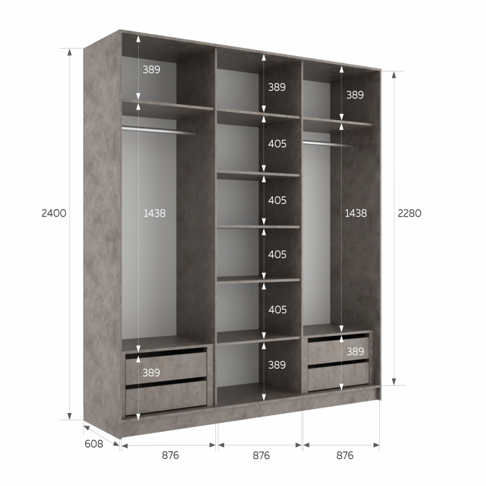 Шкафы-купе 3-х дверные, Шкаф-купе Эста 3-х дверный Стекла пудра/Доводчик 270х66х240