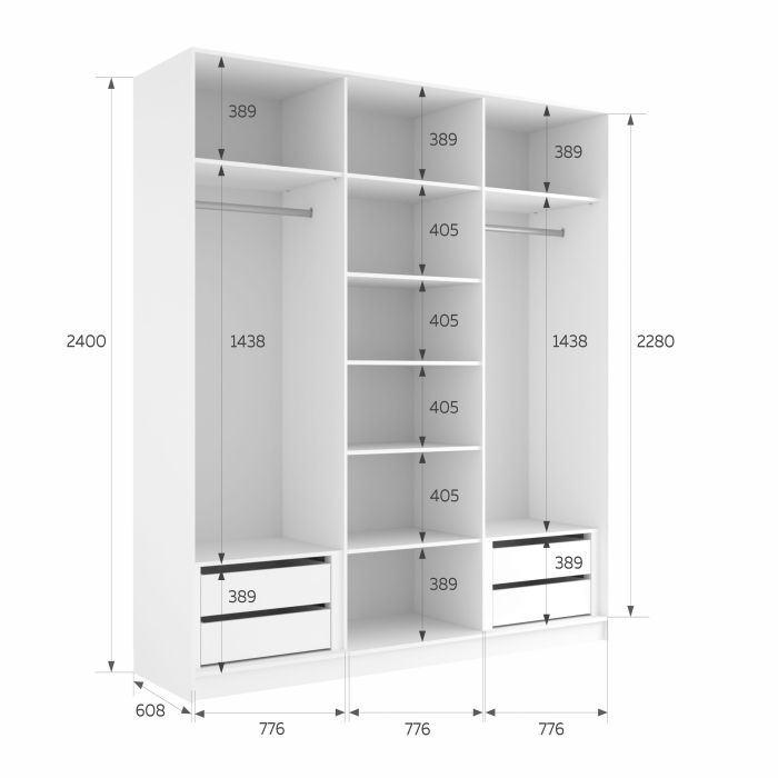 Шкафы-купе 3-х дверные, Шкаф-купе Эста 3-х дверный ДСП/Стекла пудра/Доводчик 240х66х240