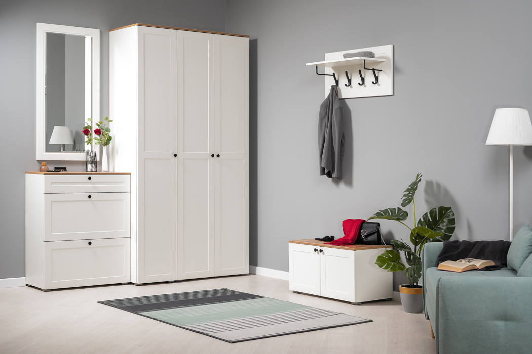 Шкафы распашные, Шкаф-пенал Остин 13.225, белая шагрень, дуб золотой крафт